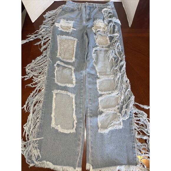 N 1 distressed jeans, Sz Small Boyfriend Disco Core Rad Jeans Los Angeles bling - Picture 1 of 7